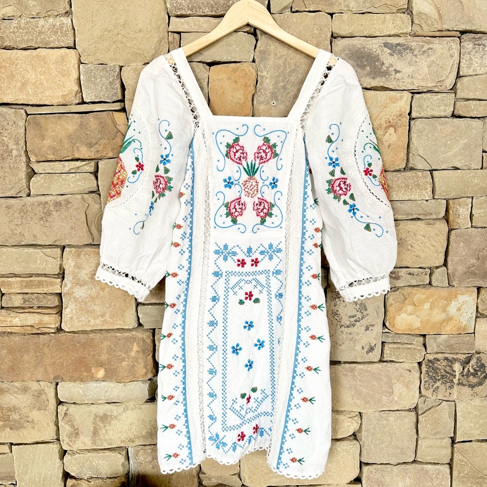 Farm Rio White Embroidered Boho Dress